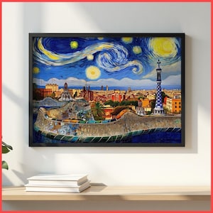 Barcelona travel art Park Güell Wall Art Print | Framed Poster / Canvas | Van Gogh Style Gaudí Spanish Modernisme Swirling Night Cityscape