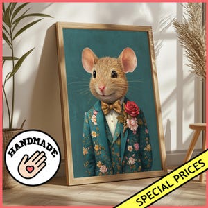 Regal Mouse wall art print in Floral Teal Suit – Whimsical Animal Portrait Art - Framed Poster / Canvas || Cute Classy Rodent Decor Print