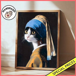 Katze mit Perlenohrring, Wandkunstdruck, Vermeer-Parodie, lustige Wendung || Gerahmtes Poster / Leinwand | Mädchen mit einem Perlenohrring Dekor Haustier Kunstvoll