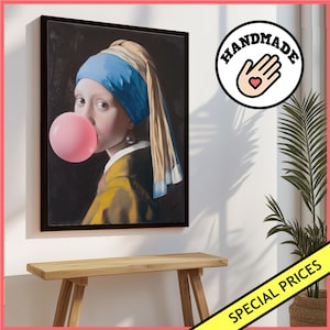 Girl with a Pearl Earring Blowing Bubble Gum Wall Art Print Vermeer Parody - Framed Poster / Canvas || Funny Classic Modern Pop Decor