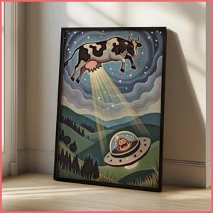 Stampa artistica da parete con mucca e UFO - Divertente meme sull'inversione aliena | Poster incorniciato / Tela | Umorismo artistico, Opera d'arte surrealista assurda, Tette di mucca