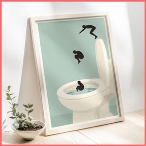 Bathroom Decor Dive Wall Art Print – Mini People Jumping into WC Bowl | Framed Poster / Canvas | Toilet Art WC Decor Funny Toilet Artwork