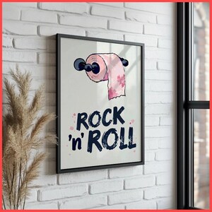 Lustige Toilettenpapier-Illustration – Rock-and-Roll-Wandkunstdruck | Gerahmtes Poster/Leinwand | Badezimmer-Humor, kunstvoller WC-Druck, Toiletten-Kunstwerk