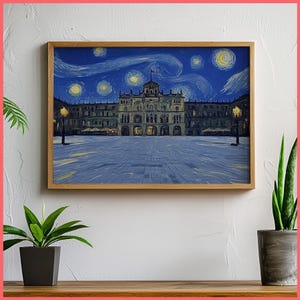 Salamanca Reisekunst Plaza Mayor Sternennacht Wandkunstdruck | Gerahmtes Poster / Leinwand | Spanischer Platz Barockarchitektur Kastilien