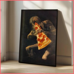 Stampa artistica da parete "Saturno che divora la pizza" | Poster incorniciato / Tela | Dipinto artistico, parodia, opera d'arte, decorazione divertente con cibo, meme classico incorniciato