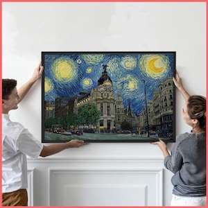Madrid travel art Metropolis Wall Art Print Gran Via Starry Night | Iconic City Landmark || Framed Poster / Canvas | Urban Spain Home Decor