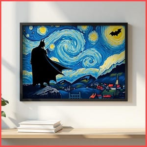Batman Starry Night Wall Art | Framed Poster / Canvas | Van Gogh Parody, Superhero Dark Knight Decor, Pop Culture Gotham Fantasy Art