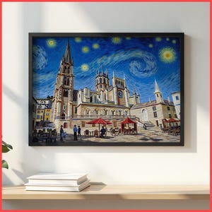 Burgos travel art Cathedral Wall Art Print Starry Night | Van Gogh Inspired Gothic || Framed Poster / Canvas | Spain Art Night Sky Decor