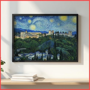 Granada travel art Alhambra Starry Night Wall Art Print | Framed Poster / Canvas | Van Gogh Spanish Architecture Decor Artistic Poster