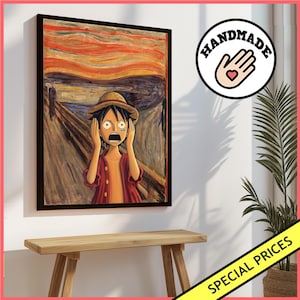 Luffy One Piece Wandkunstdruck The Scream Parodie Anime Popkultur Mashup || Gerahmtes Poster / Leinwand | Lustiges Dekor Otaku Kunstwerk Geschenk