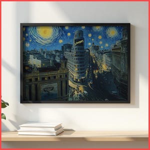 Reisekunst „Gran Via Schweppes Madrid“, Wandbild, Callao, Van Gogh | Sternennacht-Stadtposter || Gerahmtes Poster/Leinwand | Urbanes Spanien-Dekor