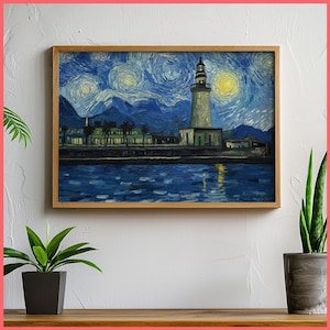 Malaga travel art La Farola Lighthouse Wall Art Print Van Gogh | Iconic Painting || Framed Poster / Canvas | Southern Spain Decor
