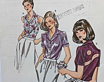 RARE Vintage Misses' Blouses Kwik Sew 1062 Sewing Pattern UNCUT Sizes 14-16-18-20, Optional Sheer Fabric Design on Back