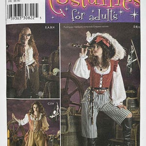 May include: Simplicity costume pattern for adults. The package features images of pirate costumes, including a red and white bodice, striped pants, and a tricorn hat. The pattern includes sizes 6, 8, 10, and 12.