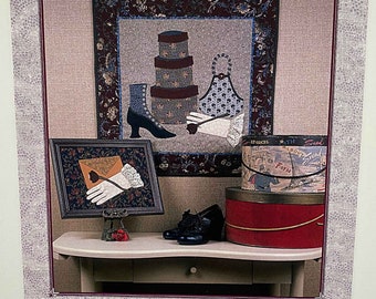 RARE Vintage Crimson & Old Lace Wall Hanging Quilt Pattern by Elle Colquitt The Picket Fence 24" x 24" Appliqué Hatboxes, Glove, Boot, Bag