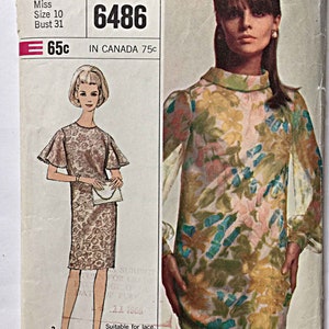 Vintage 60&#39;s Misses&#39; Designer Fashion Dress Simplicity 6486 Sewing Pattern UNCUT Size 10, Flutter Sleeves, Long Sleeves