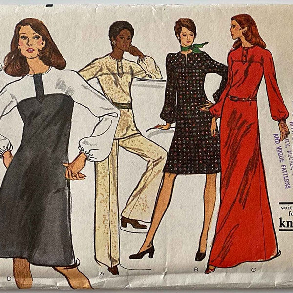 Vintage 70's Misses's Very Easy Dress, Tunic & Pants Vogue 8418 Sewing Pattern UNCUT Size 14 1/2, Color Block, Boho, Maxi, Floor Length