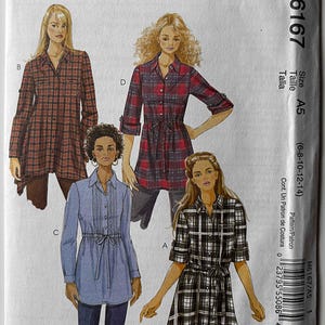 May include: McCall's sewing pattern M6167 features four shirt designs. The pattern includes a variety of styles, including plaid and solid-colored shirts with belted waists. The pattern size is A5, and the measurements are (6-8-10-12-14).