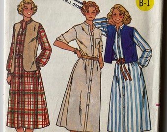 RARE Vintage 70's Misses' Dress & Vest, Butterick 6343 Sewing Pattern Size 14, CUT/Complete