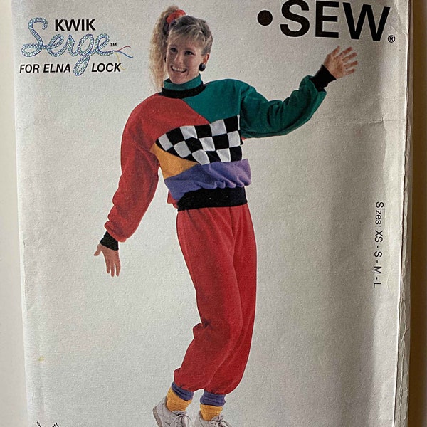 Vintage 80's Misses' Jogging Suit, Optional Hood, Color Block Sweat Shirt, Sweat Pants Kwik Sew 1487 Sewing Pattern UNCUT Sizes XS-S-M-L