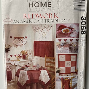 Redwork Embroidery Kitchen Accessories McCalls 3038 Pattern, Apron, Wall Quilt, Table Runner, Placemats, Apple, Cherry, Strawberry, Pear
