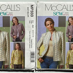 May include: Two sewing pattern envelopes for a jacket. The pattern is McCall's MP333. The left envelope shows a white and light blue patterned jacket with a white shirt underneath. The right envelope shows a light blue and white patterned jacket with a white shirt underneath. Both jackets have a mandarin collar and are fitted.