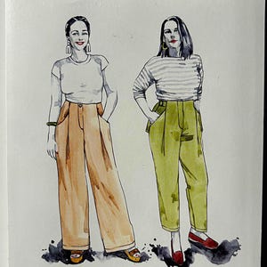May include: A watercolor illustration of two women wearing trousers. The image is labeled "MITCHELL No. 34 TROUSERS" and "Closet Core PATTERNS". One woman wears a white top and tan trousers, the other wears a striped top and green trousers.