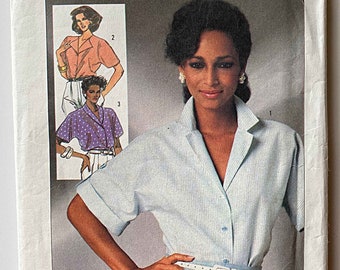 Retro 80's Misses' Easy to Sew Blouses with Convertible, Shawl, Revere Collar Variations Simplicity 7482 Sewing Pattern UNCUT Size 8-10-12