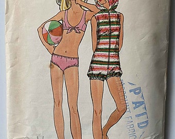 Vintage 70's Young Junior Teen 2 Piece Swimsuit & Short Sleeveless Hooded Jumpsuit Butterick 6220 Sewing Pattern Size 9/10 UC Bathing Suit