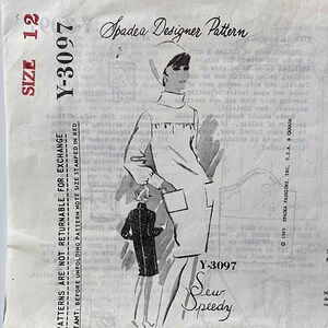 May include: A black and white illustration of a dress pattern with the text "Spadea Designer Pattern" and "Sew Speedy" on the page. The pattern number is Y-3097 and the size is 12.