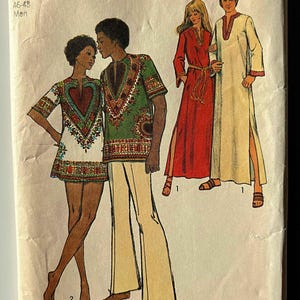 May include: Vintage Simplicity sewing pattern 5043 featuring illustrations of outfits. The pattern includes a tunic and pants set, and two long dresses. The pattern is marked X Large, sizes 46-48. The price is $1.00 in the USA and $1.10 in Canada.