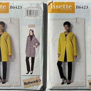May include: Two sewing pattern packets for Lisette B6423 coats. The packets feature illustrations of the coats in yellow and gray. The packets also include the size range, the brand name, and the pattern number.