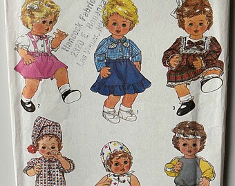 Vintage 80's Baby Doll Clothes Size Large 17-18" Simplicity 8376 Sewing Pattern UNCUT Blouse, Skirt, Panties, Dress, Romper, Hat, Pants, Top