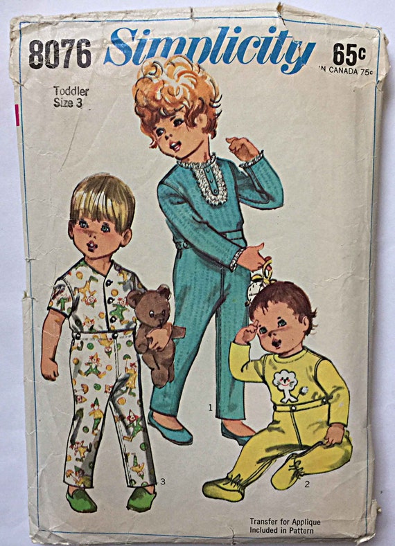 Vintage 60's Toddler's Pajamas with Transfer for Lion Appliqué Simplicity  8076 Sewing Pattern Size Cut/complete, Footed PJs