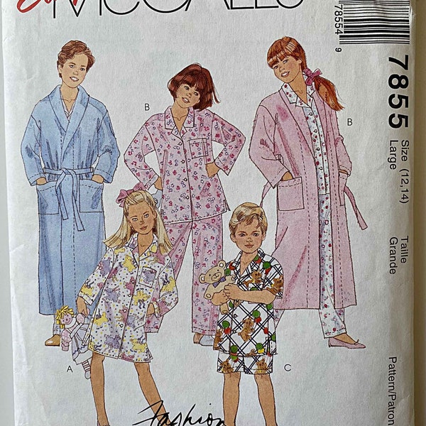 Easy Children's, Unisex, Teen, Robe, Pajamas, Nightshirt, PJs, Top, Shorts, Pants, McCalls 7855 Sewing Pattern UNCUT Large 12-14, Sleepwear