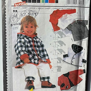 May include: A sewing pattern for a child's jacket, shirt, and sweater. The pattern includes instructions for making a jacket with a plaid pattern, a striped shirt, and a solid sweater. The pattern is from Burda, a well-known sewing pattern company.