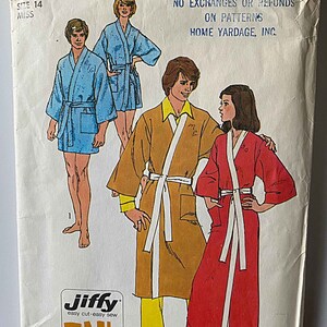May include: A vintage sewing pattern for making robes. The pattern includes instructions for three different styles of robes, one in blue, one in brown, and one in red. The pattern is from Simplicity and is number 5685. The pattern is for size 14, miss.