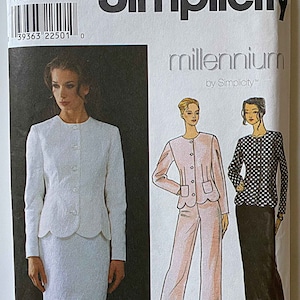 May include: A sewing pattern for a jacket and skirt set. The pattern is from Simplicity's Millennium line and includes instructions for sizes 6-8, 10, 12, 14, 16, 18, 20, 22, 24, 26, 28, 30, 32, 34, 36, 38, 40, 42, 44, 46, 48, 50, 52, and 54. The pattern is for a jacket with a scalloped hem and a skirt with a scalloped hem.
