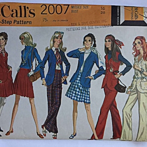 May include: A vintage sewing pattern featuring five different outfit designs for women. The pattern is for a jacket, vest, wrap skirt, and pants. The pattern is from McCall's and is size 16, bust 38.