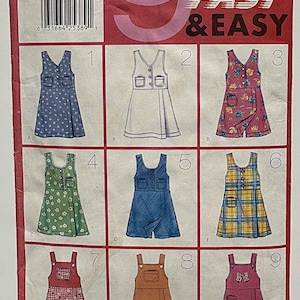 May include: Vintage Butterick sewing pattern for nine Fast & Easy dresses and rompers. The pattern includes various styles, such as a blue floral dress, a white dress, a pink floral romper, and a blue denim romper. Sizes 7-8-10.