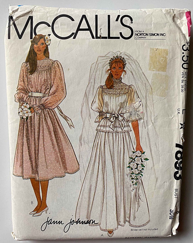 Vintage 80's Jann Johnson Misses' Wedding Gown or Bridesmaid Dress & Slip McCall's 7893 Sewing Pattern UNCUT Size 6, Bridal image 1