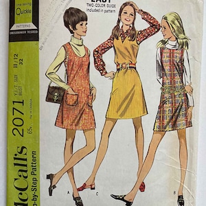 Vintage 60&#39;s Junior Teen Girls&#39; Jumper with 3 Necklines McCall&#39;s 2071 Sewing Pattern Size 11/12  Cut/Complete, V-Neck