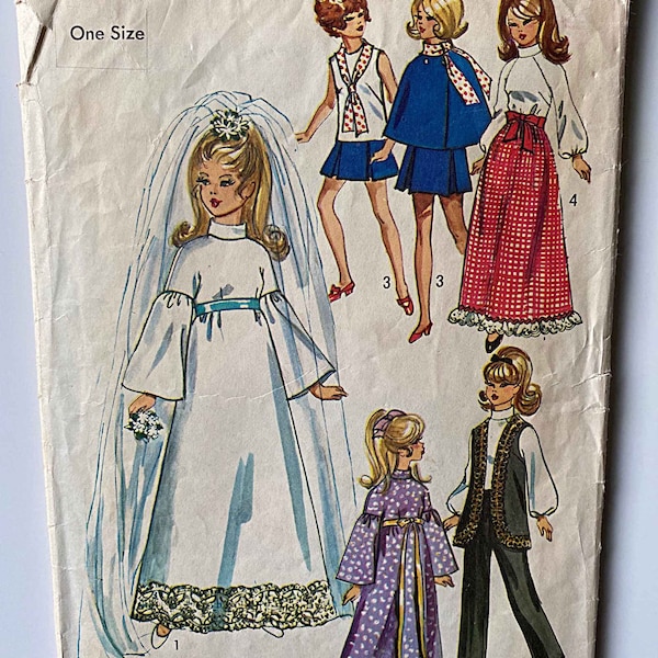 Retro 70's Barbie Doll Clothes Wardrobe 1 1/2" Wrap Skirt, Wedding Dress, Veil, Cape Skirt Pants Simplicity 9097 Sewing Pattern CUT/Complete