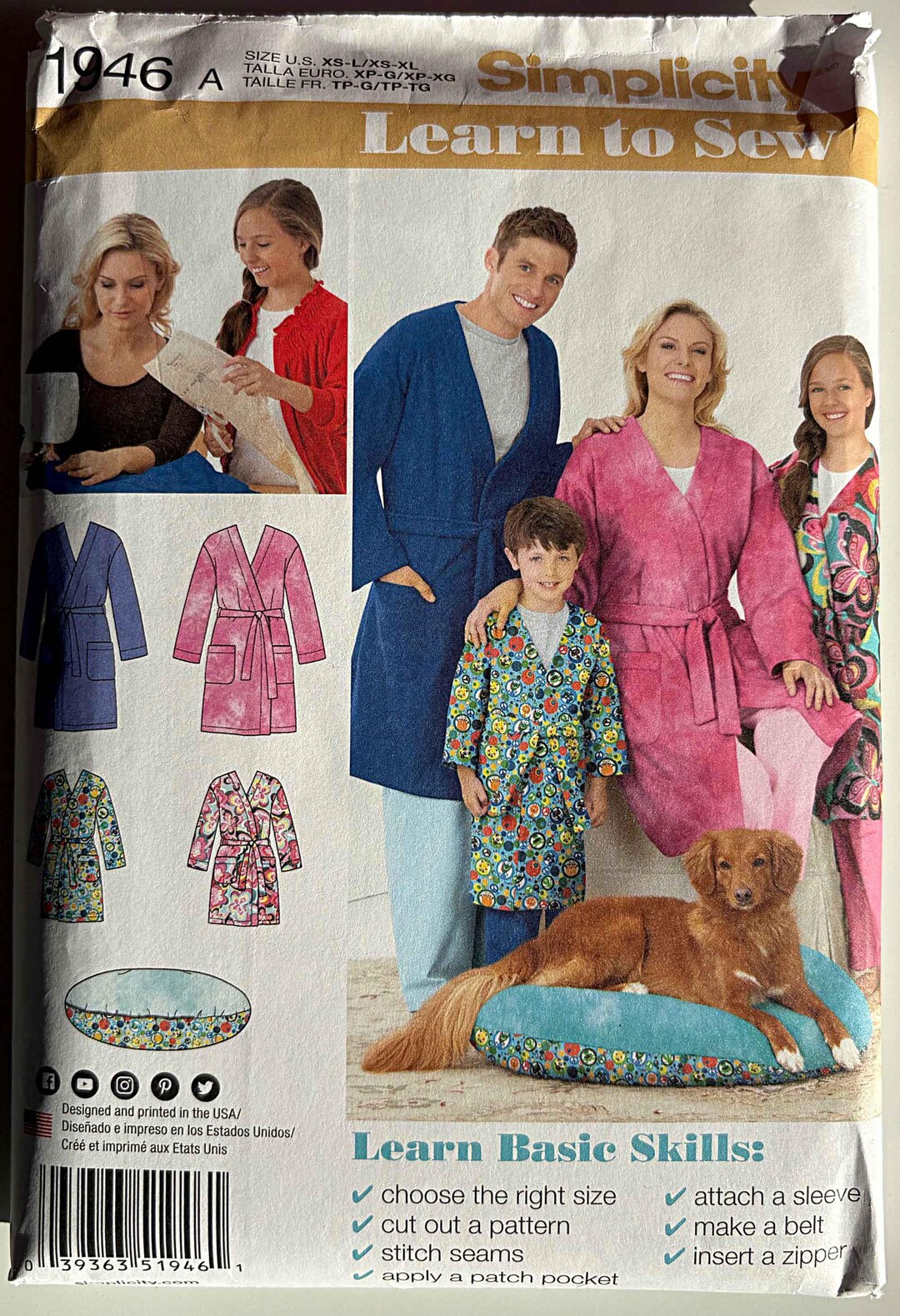 Simple Hand Sew Robe Pattern Family Learn to Sew Robe & Pet Bed Simplicity 1946 Sewing Pattern Uncut ...