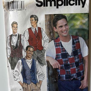 May include: A Simplicity sewing pattern envelope, number 9098, size AA, featuring illustrations of four different vest designs. The patterns include a plaid patchwork vest, a solid red vest, a dark vest with lapels, and a blue pinstriped vest.