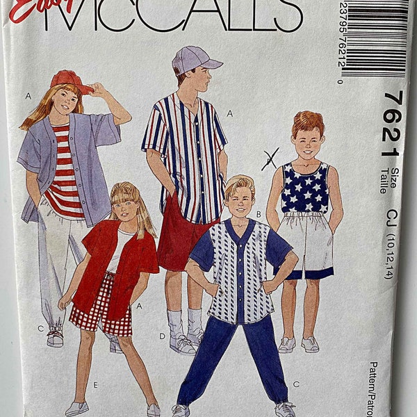 Vintage 90's Unisex, Boy's Girls' Shirt, Tank Top Pants Shorts Baseball Cap McCalls 7621 Sewing Pattern UNCUT Sizes 10-12-14 Easy Sportswear