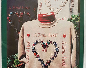 RARE A Joyful Heart Pattern #9705 Primitive Stitching By Olde World Reflections UNCUT Embroidered Sweatshirt, Pillow Holiday Design Buttons