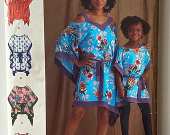 Matching Mother & Daughter Caftans in 2 Lengths Simplicity R10196 8937 Pattern UC Misses' Sizes S-XL 10-24, Girls' 3-8, Summer Beach Coverup