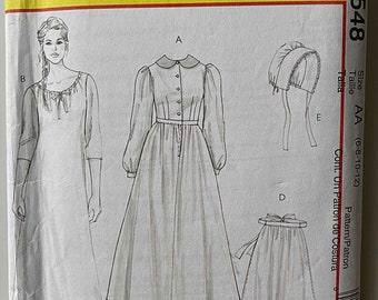 Early American Misses' Costume, Bonnet, Apron, Pantaloons, Chemise McCall's 4548 Sewing Pattern Sizes 6-8-10-12 CUT/Complete, AS-IS, Cosplay