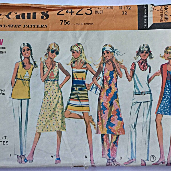 Mod Vintage Dress, Top, Pants & Coat McCall's 2423 Sewing Pattern UNCUT Young Jr. Teen Size 11/12 Coordinates, Summer Wardrobe, Sleeveless